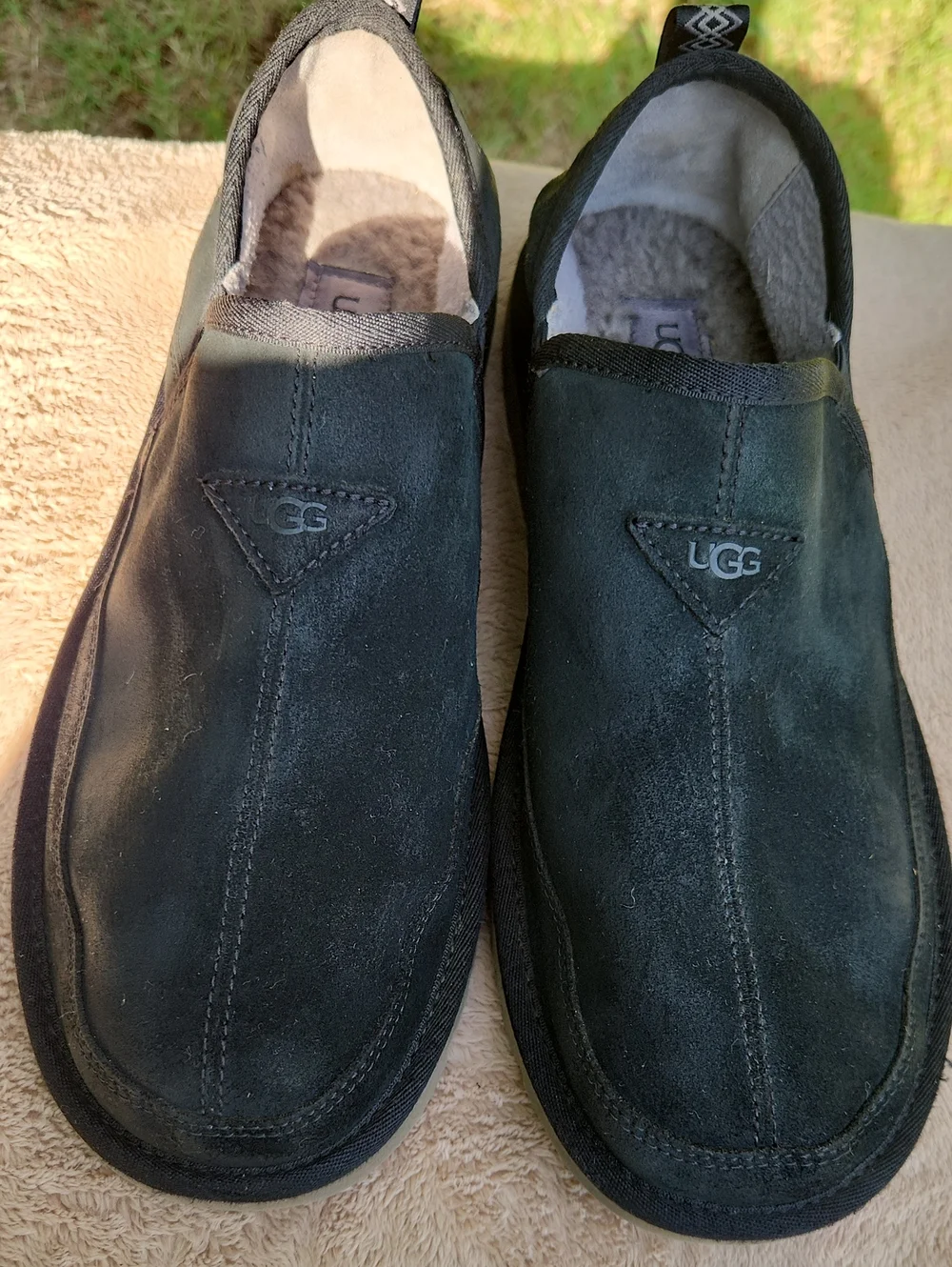 UGG Men’s Black Suede Slip-On Loafers with Shearling Lining